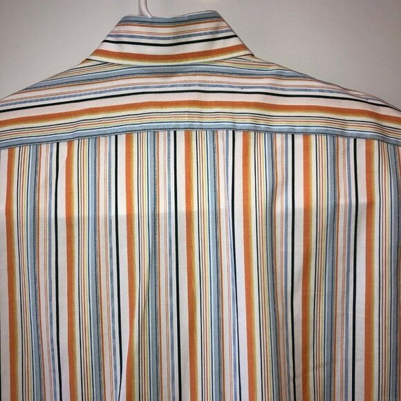 Thomas Dean Mens Large Multicolored Striped Flip Cuff Button Up Collar Shirt L - Picture 9 of 11